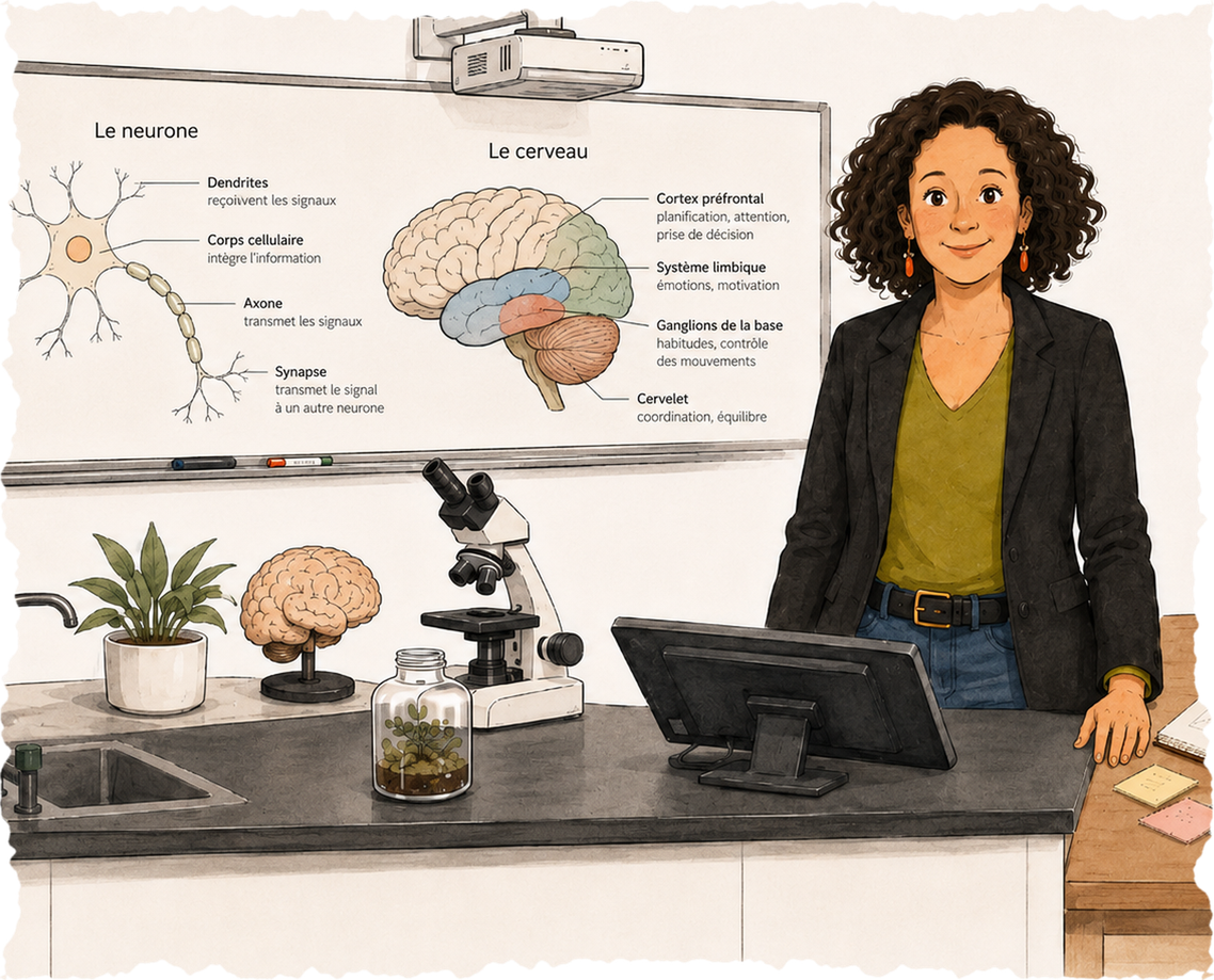 Nacima debout dans une salle de sciences, devant un tableau présentant le neurone et le cerveau, avec un microscope et un modèle de cerveau, entre l'enseignement des SVT et l'ingénierie pédagogique.
