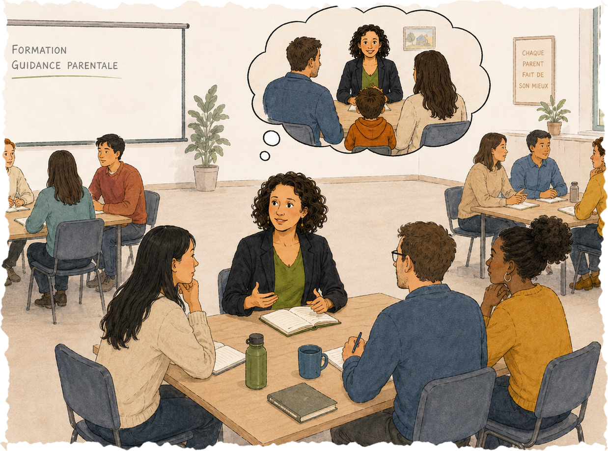 Nacima anime une formation « Guidance parentale » : des participants réunis en petits groupes autour de tables, un tableau « Formation Guidance parentale » et une bulle évoquant l'accompagnement d'un parent et de son enfant.