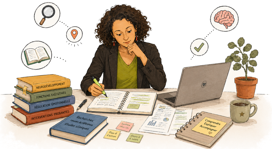 Nacima à son bureau annote un cahier au stabilo, entourée d'ouvrages (neurodéveloppement, fonctions exécutives, régulation émotionnelle, interventions probantes) qu'elle traduit en repères : comprendre, expliquer, accompagner.