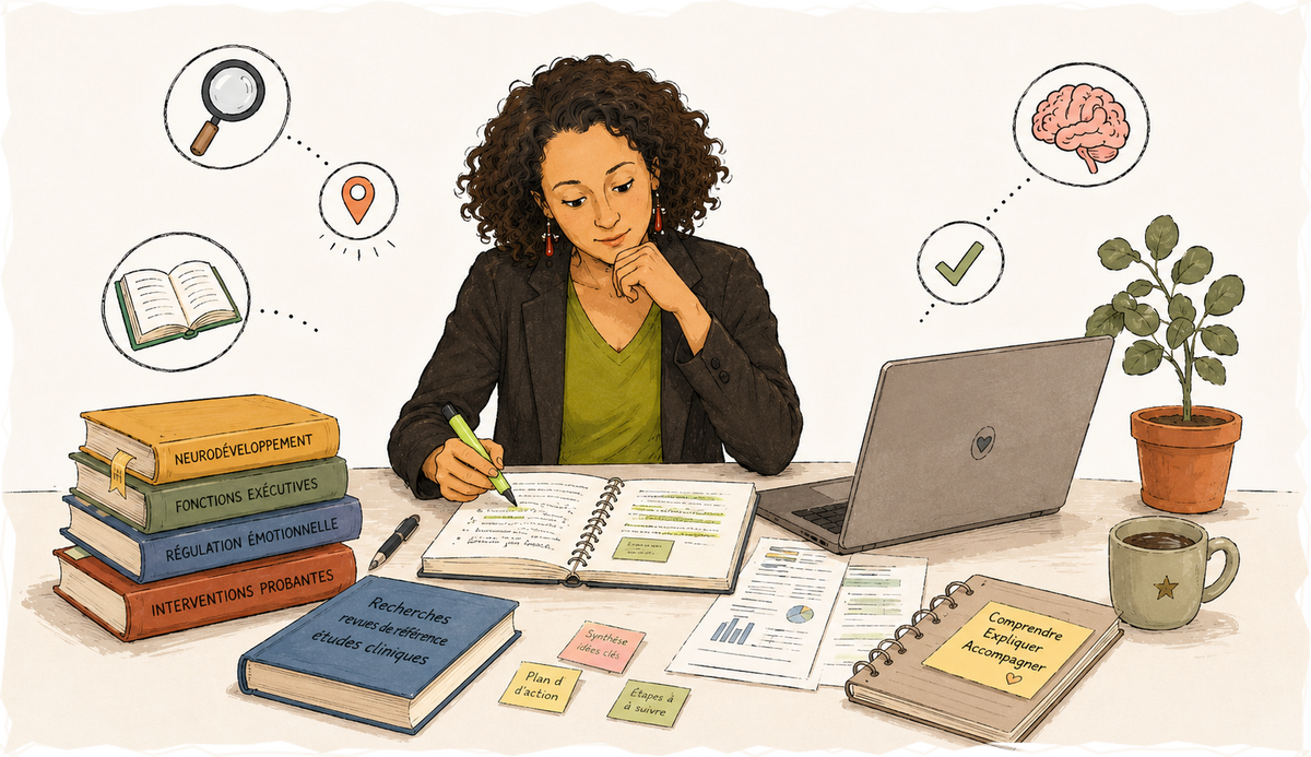 Nacima à son bureau annote un cahier au stabilo, entourée d'ouvrages (neurodéveloppement, fonctions exécutives, régulation émotionnelle, interventions probantes) qu'elle traduit en repères : comprendre, expliquer, accompagner.
