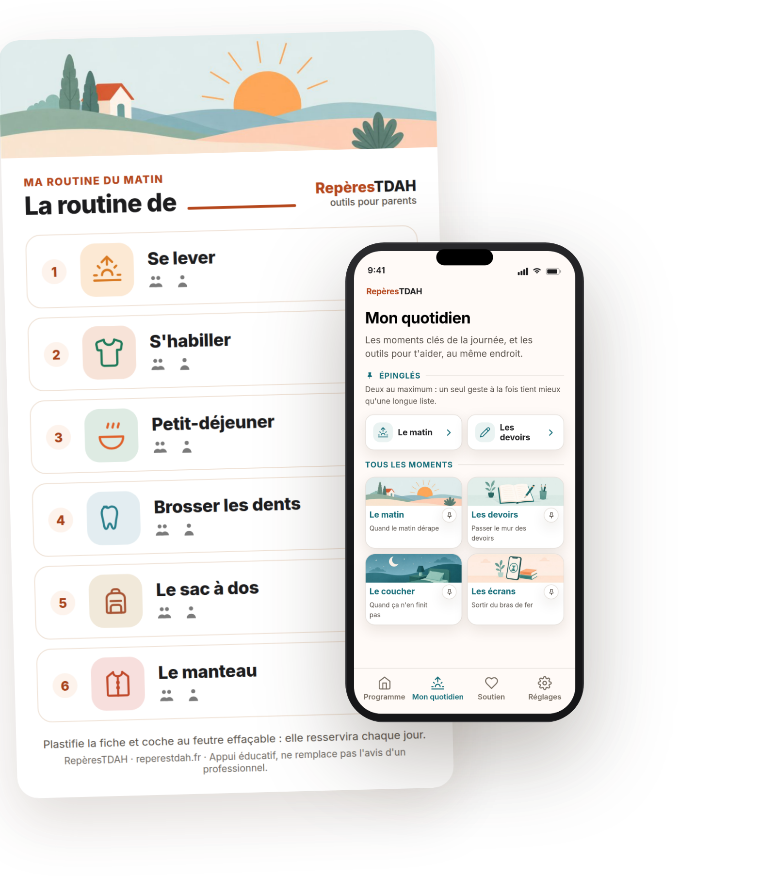 Fiche routine du matin RepèresTDAH avec l'aperçu de l'application sur mobile.